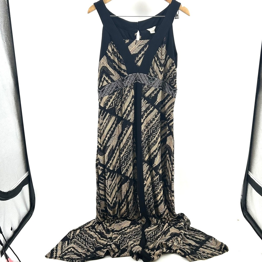 Monsoon Womens Black Beige Geometric Beaded Maxi Dress Size 12 Evening Gown